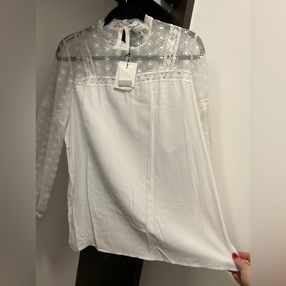 Sandro White Blouse with Lace Sleeves